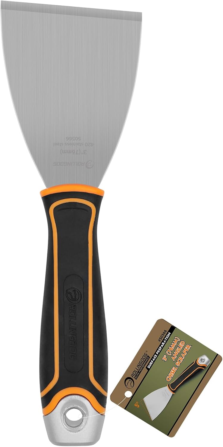 Rolling Dog 3" Angled Stiff Chisel Scraper-5 Degree Angled Putty Knife with Metal Hammer Cap, Rubber Gripped Handle, Paint Scraper into Corners - Image 1